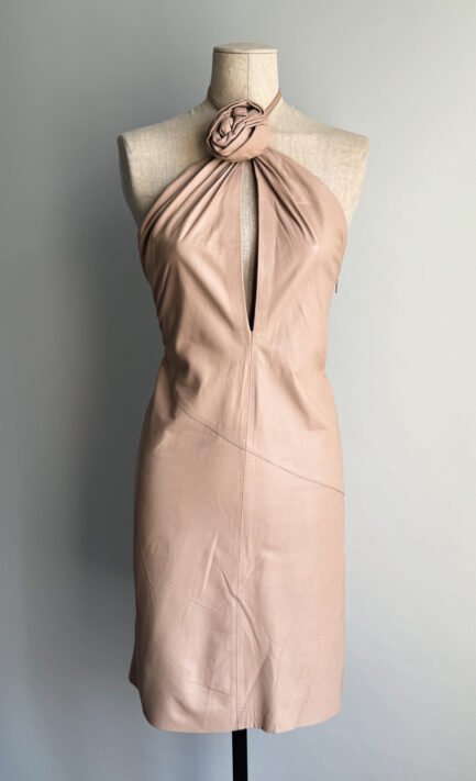 GUCCI 1999 Blush Pink Leather Halter Dress with Rosette Detail (S)