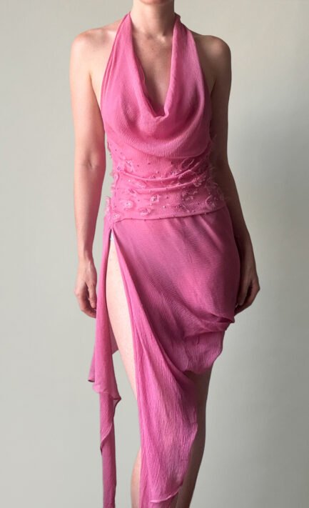 LA PERLA 2000's Pink Silk Halter Dress with Beaded Waist (S)