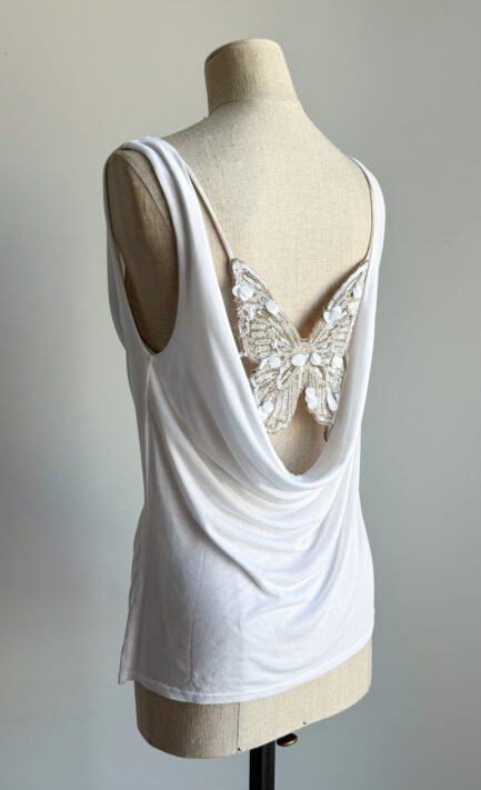 VALENTINO 2005 White Draped Jersey Top & Beaded Butterfly Bra (L)