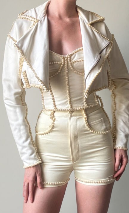 DOLCE & GABBANA SS 1992 Cream Pearl-Embellished Cropped Jacket, Corset & Shorts Set (XS-S)