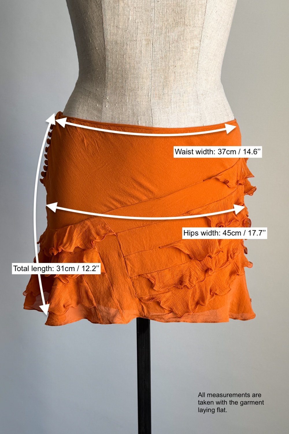 EMERIEU-Christian-Dior-by-John-Galliano-2000s-burnt-orange-silk-ruffle-mini-skirt-measurements