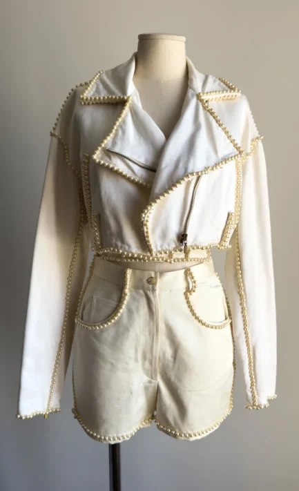 DOLCE & GABBANA SS 1992 Cream Pearl-Embellished Cropped Jacket, Corset & Shorts Set (XS-S)