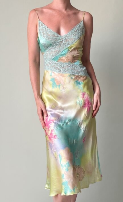 EMANUEL UNGARO 2000's Pastel Watercolor Floral Silk Slip Dress (L)