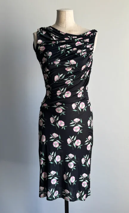 VERSACE 1998 Black Floral Print Ruched Jersey Dress (S-M)