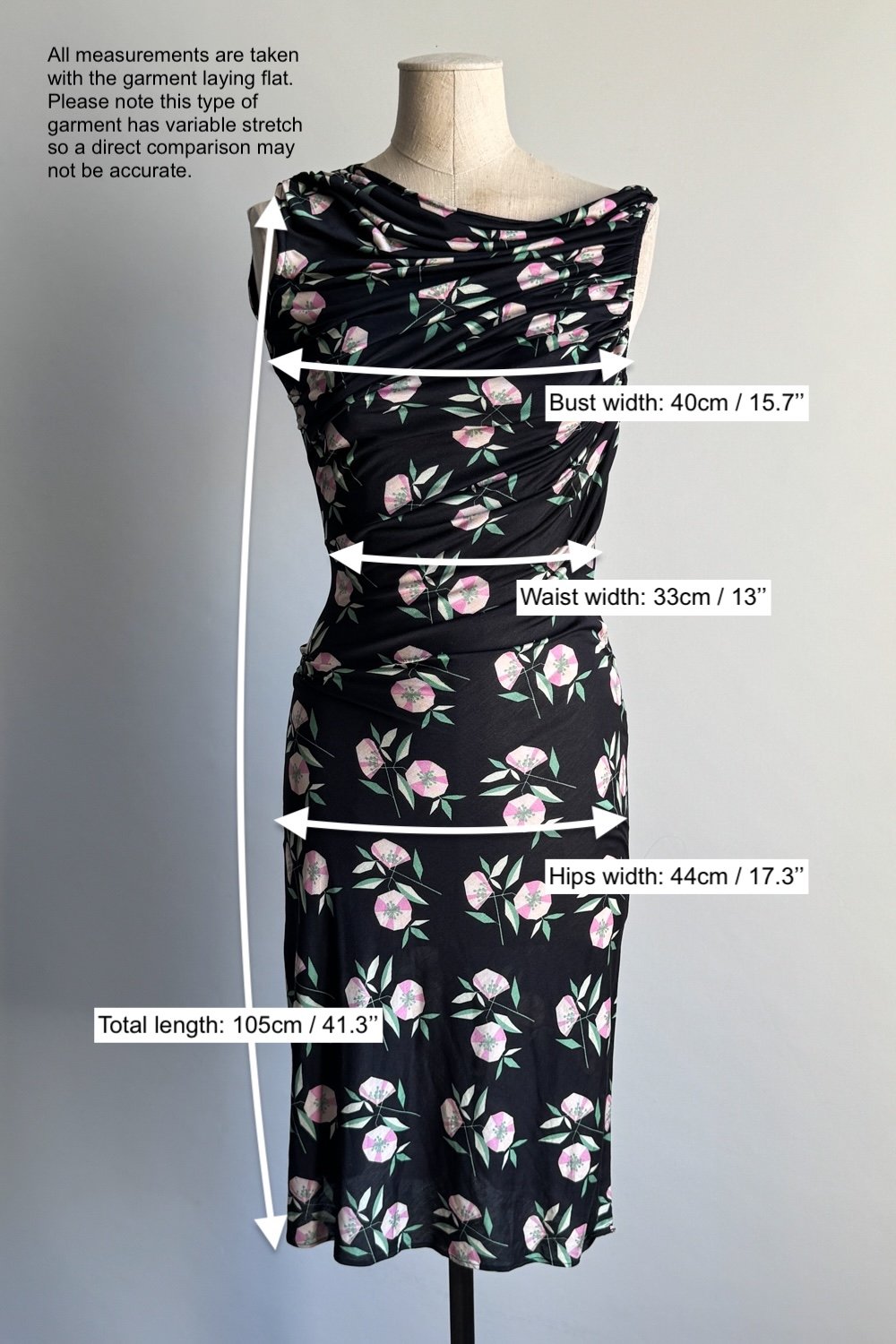 EMERIEU-Gianni-Versace-SS-1998-vintage-black-floral-print-ruched-jersey-midi-dress-measurements
