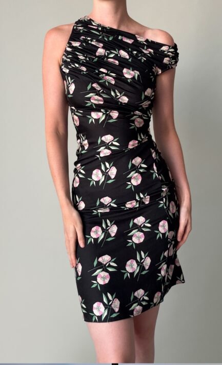 VERSACE 1998 Black Floral Print Ruched Jersey Dress (S-M)