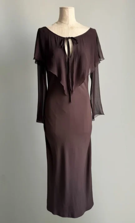 BLUMARINE 1993 Brown Sheer Cape-Sleeve Midi Dress (M)