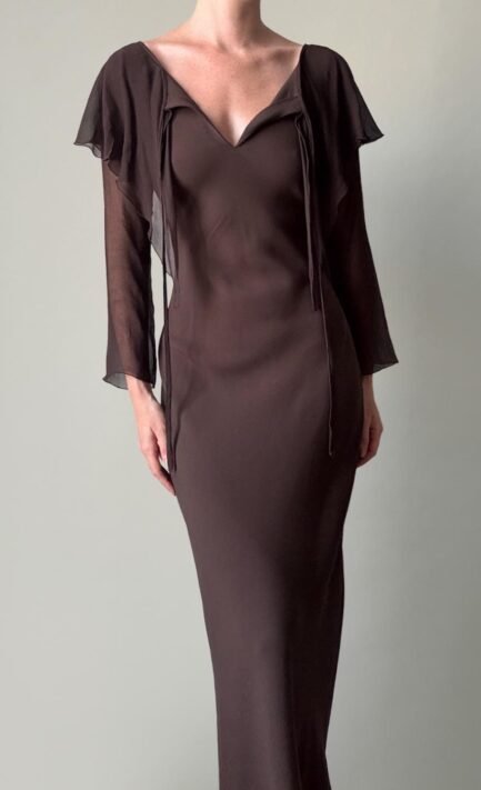 BLUMARINE 1993 Brown Sheer Cape-Sleeve Midi Dress (M)