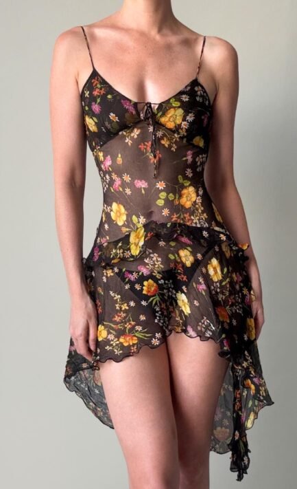 D&G 2000's Black Sheer Floral Print Chiffon Dress with Train (S)