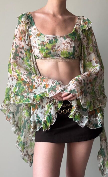 D&G 2002 Floral Silk Crop Blouse with Dramatic Bell Sleeves (S)