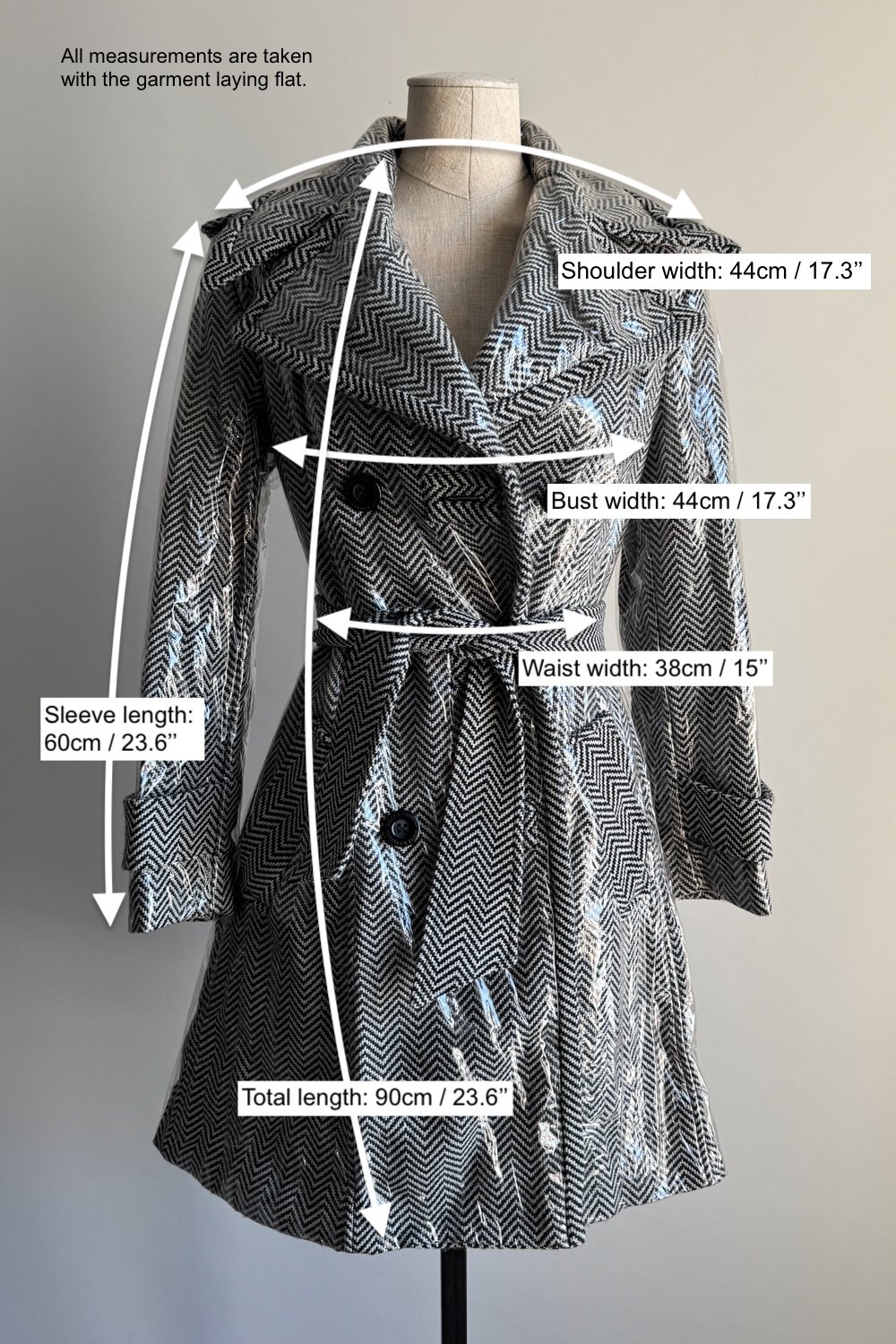 EMERIEU-Dolce-&-Gabbana-FW-1995-vintage-grey-herringbone-wool-trench-coat-with-plastic-overlay-measurements