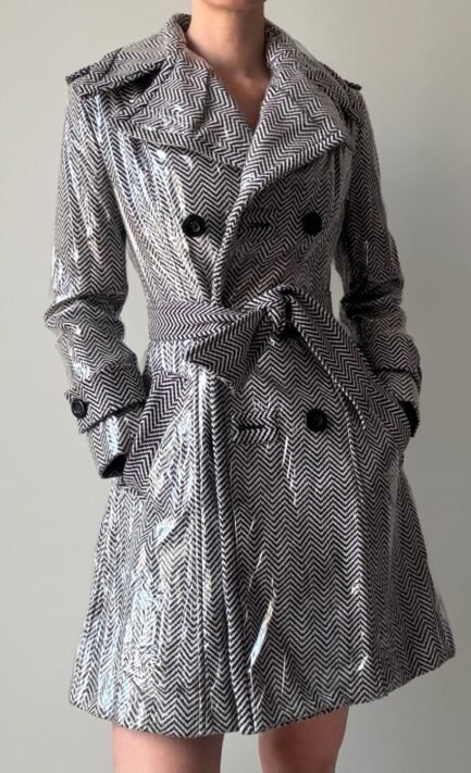 DOLCE & GABBANA 1995 Herringbone Wool Trench Coat with Plastic Overlay (S)