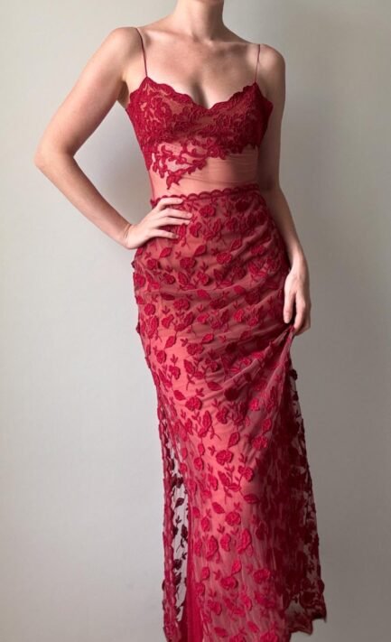 LOLITA LEMPICKA 1998 Red Floral Lace & Mesh Maxi Dress (S)
