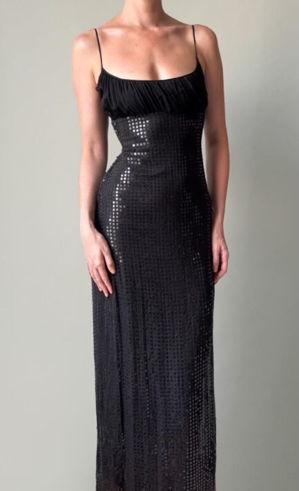 LOLITA LEMPICKA 1998 Black Sequin Gown with Ruched Chiffon Bodice (M)