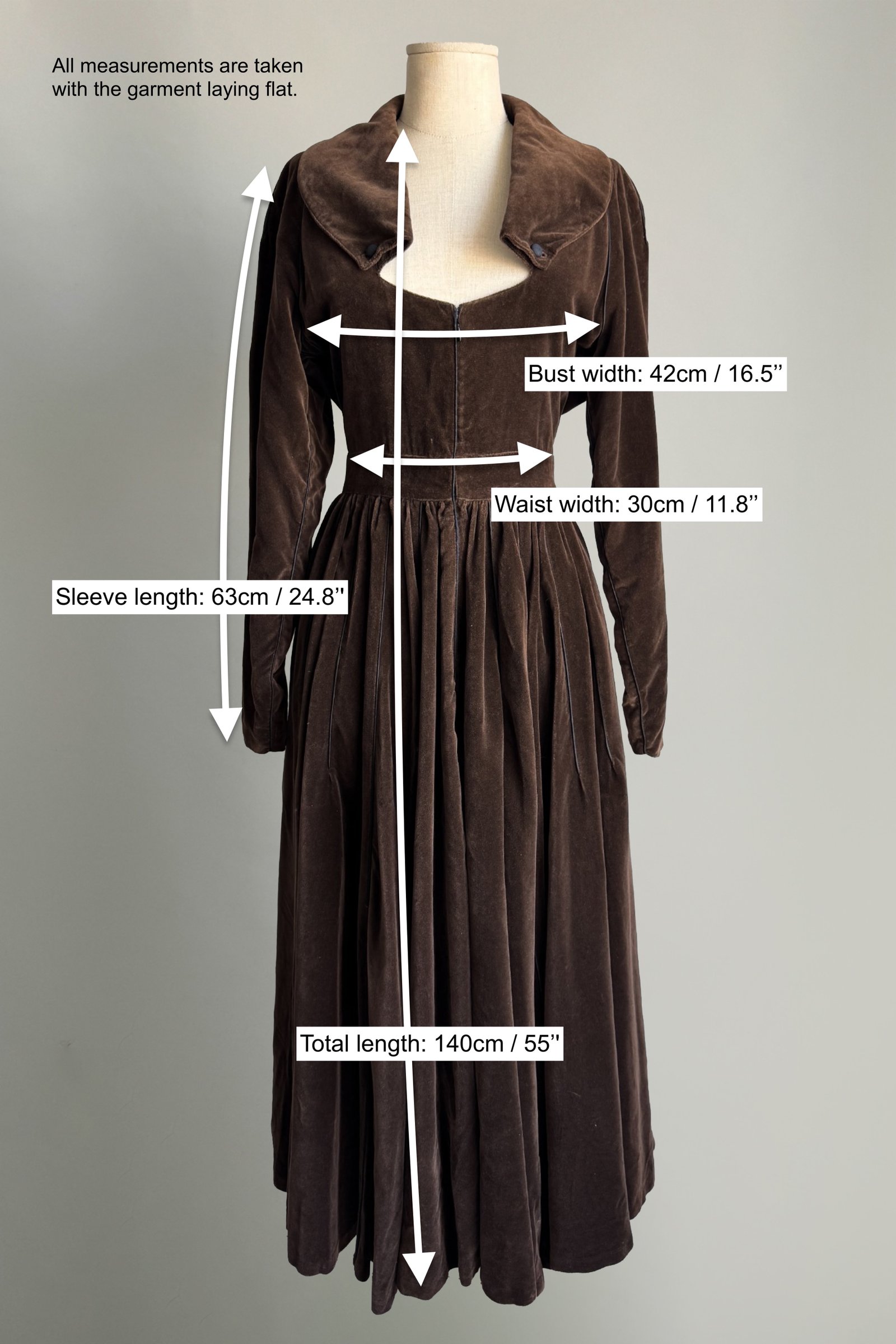 EMERIEU-Alaïa-FW-1988-vintage-whimsical-brown-velvet-corset-fitted-long-sleeves-maxi-dress-measurements