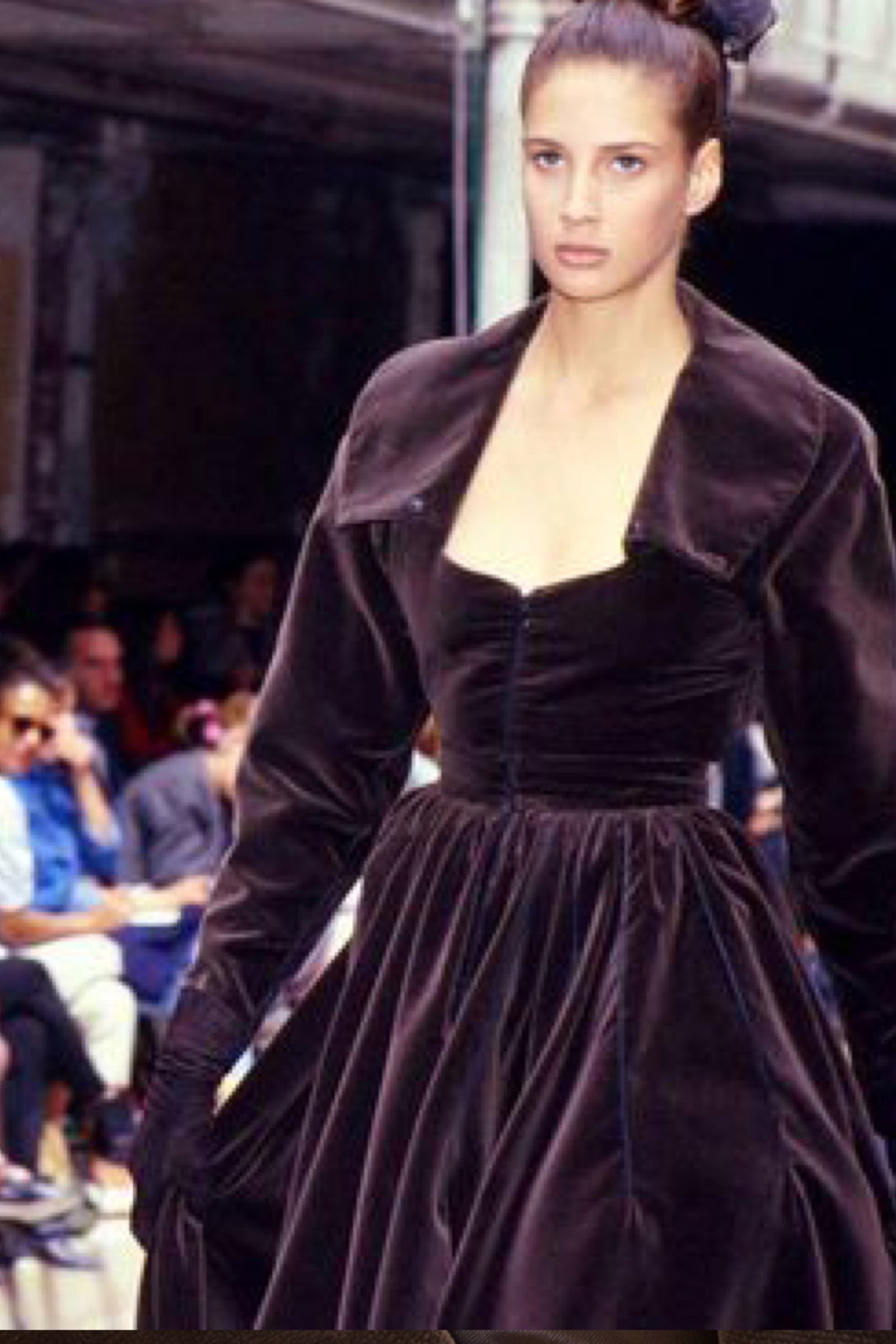 EMERIEU-Alaïa-FW-1988-vintage-whimsical-brown-velvet-corset-fitted-long-sleeves-maxi-dress-runway
