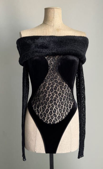 ALAÏA SS 1989 Black Off Shoulder Leopard Lace Bodysuit