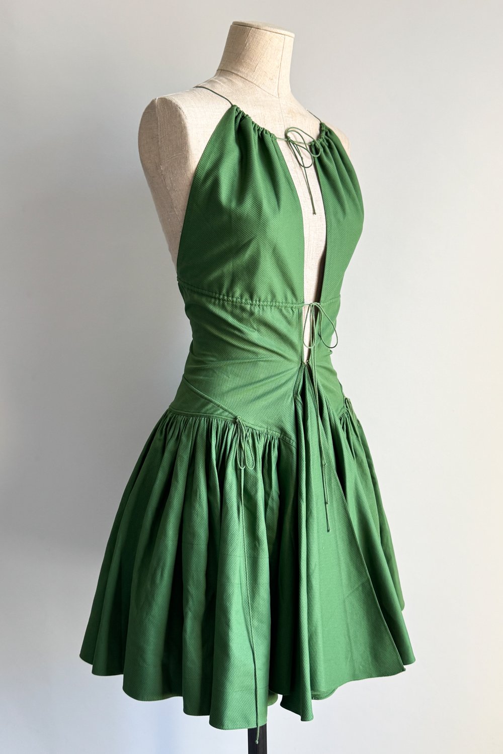 EMERIEU-Alaia-SS-2003-green-halter-drawstring-mini-midi-cotton-dress-2