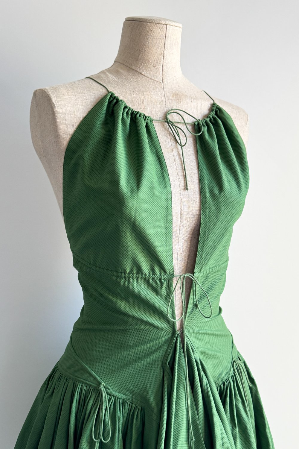 EMERIEU-Alaia-SS-2003-green-halter-drawstring-mini-midi-cotton-dress-5