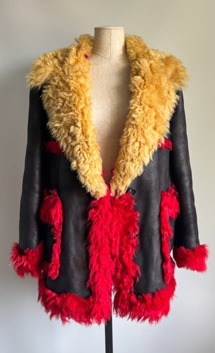 PRADA FW 2014 Black Red & Yellow Shearling Leather Coat