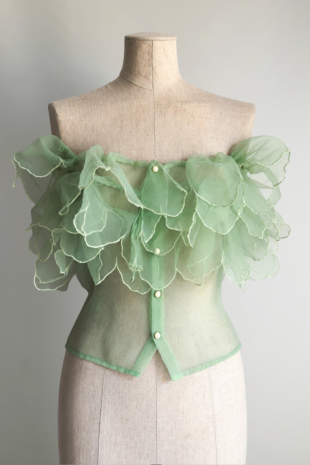 EMERIEU-Thierry-Mugler-SS-1982-vintage-light-green-petal-neckline-off-shoulder-blouse-1
