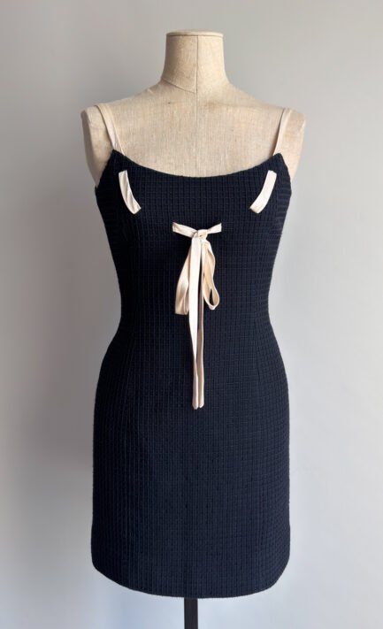 VALENTINO 1996 Navy Textured Mini Dress with Bow Detail (XS)