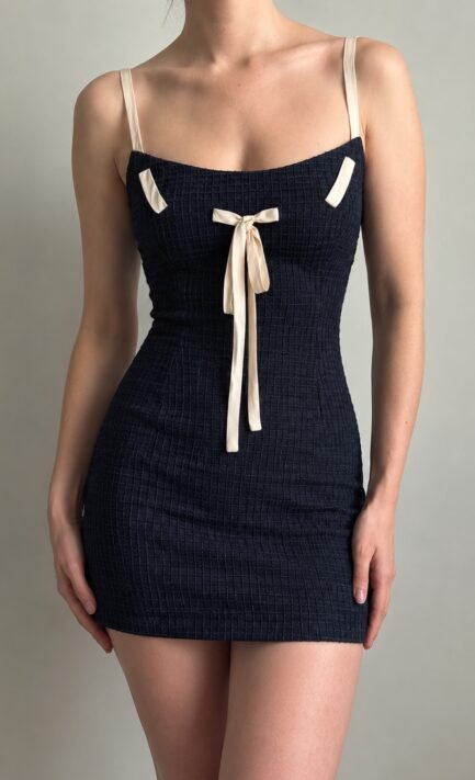 VALENTINO 1996 Navy Textured Mini Dress with Bow Detail (XS)
