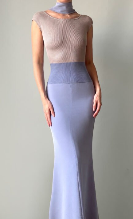 VALENTINO 1998 Lilac Ribbed Knit Maxi Dress with Matching Stole (S)