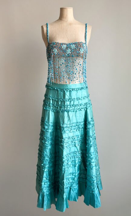 VALENTINO SS 2002 Turquoise Beaded Top & Silk Maxi Skirt